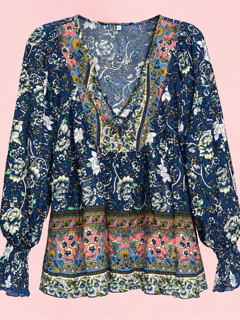Floral V-Neck Peasant Blouse - Navy & Pink